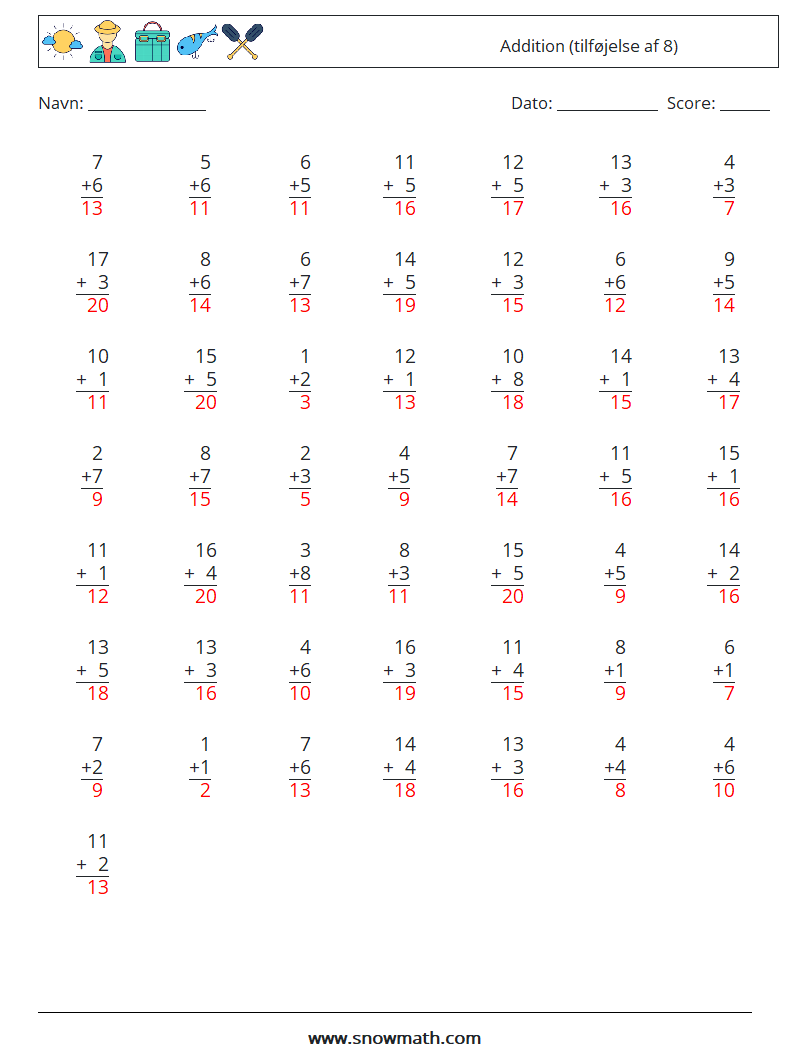 (50) Addition (tilføjelse af 8) Matematiske regneark 4 Spørgsmål, svar