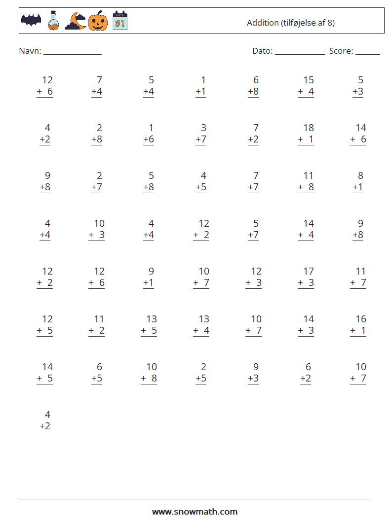 (50) Addition (tilføjelse af 8) Matematiske regneark 5