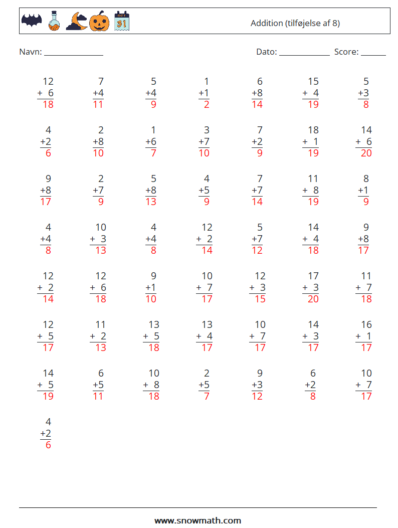 (50) Addition (tilføjelse af 8) Matematiske regneark 5 Spørgsmål, svar