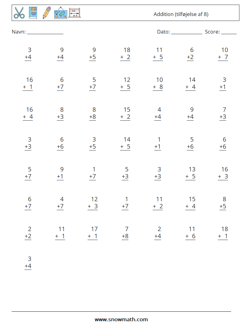 (50) Addition (tilføjelse af 8) Matematiske regneark 6