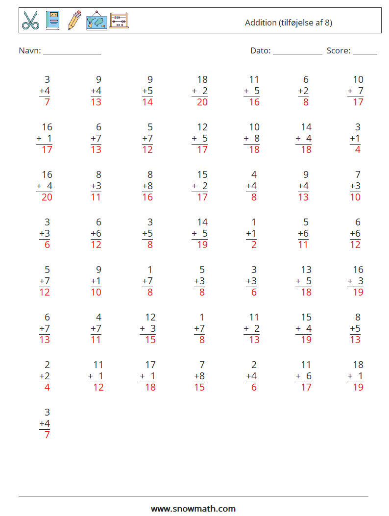 (50) Addition (tilføjelse af 8) Matematiske regneark 6 Spørgsmål, svar