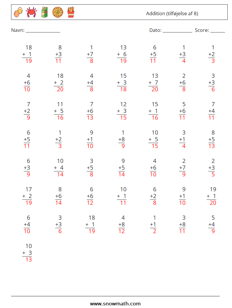 (50) Addition (tilføjelse af 8) Matematiske regneark 7 Spørgsmål, svar