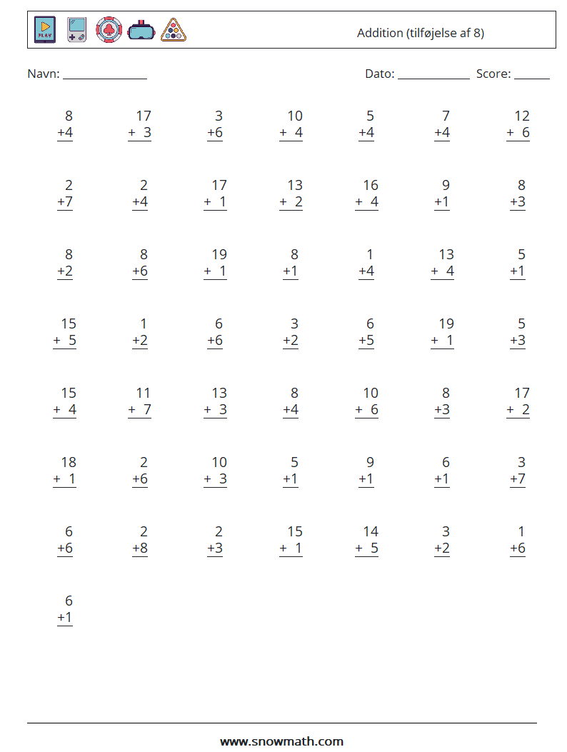 (50) Addition (tilføjelse af 8) Matematiske regneark 8