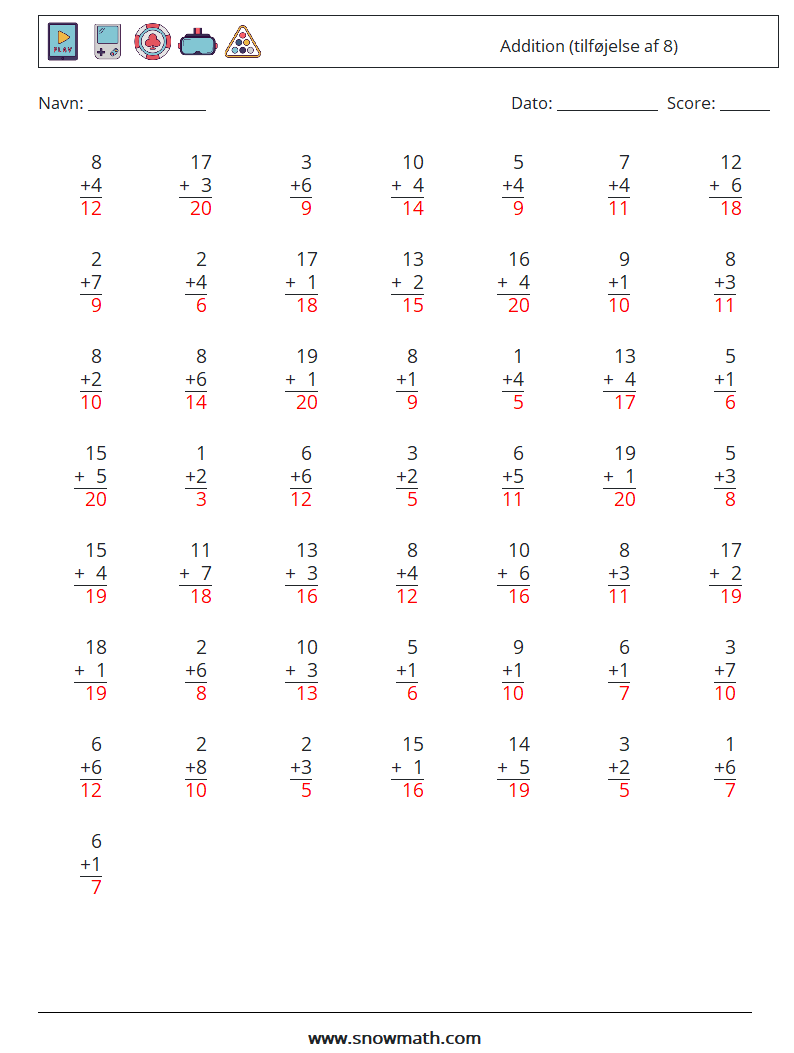 (50) Addition (tilføjelse af 8) Matematiske regneark 8 Spørgsmål, svar