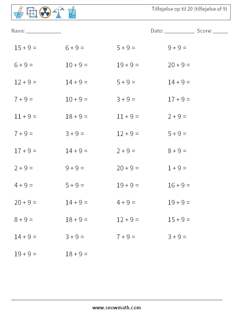 (50) Tilføjelse op til 20 (tilføjelse af 9) Matematiske regneark 1