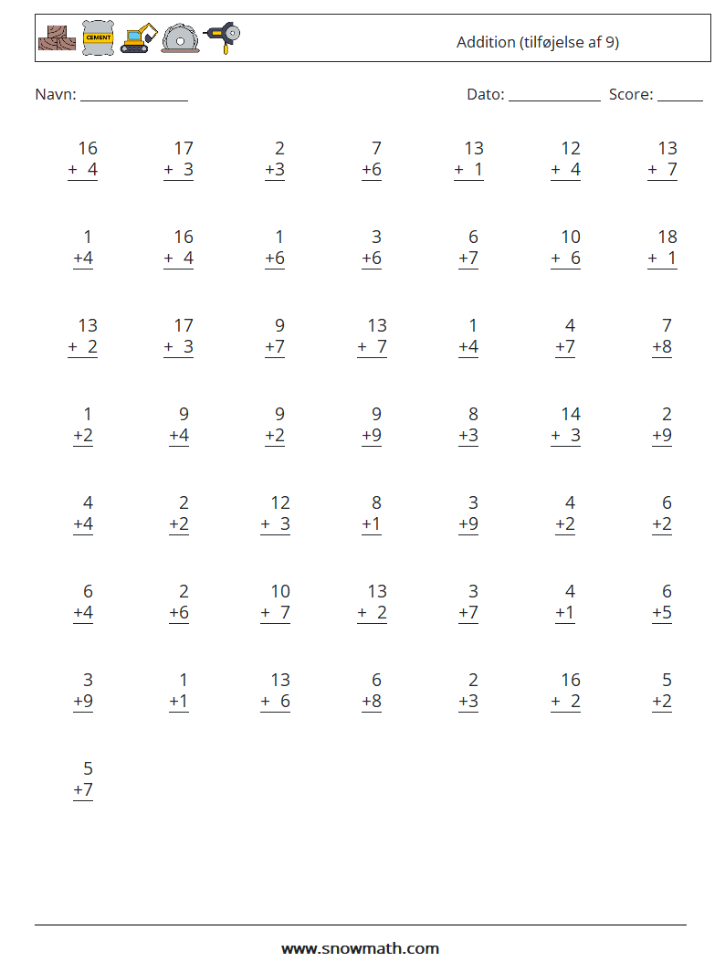 (50) Addition (tilføjelse af 9) Matematiske regneark 1