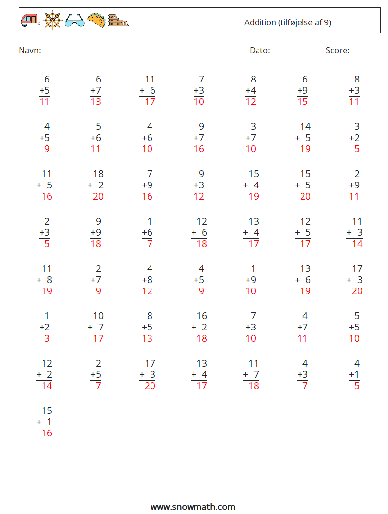 (50) Addition (tilføjelse af 9) Matematiske regneark 10 Spørgsmål, svar