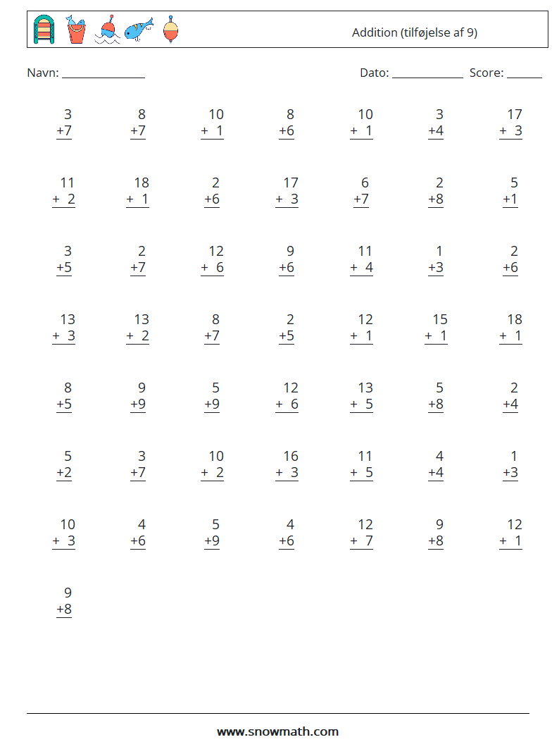 (50) Addition (tilføjelse af 9) Matematiske regneark 11