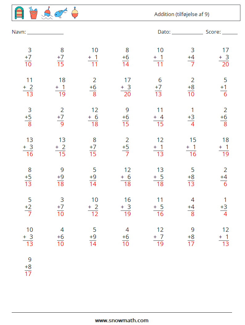 (50) Addition (tilføjelse af 9) Matematiske regneark 11 Spørgsmål, svar