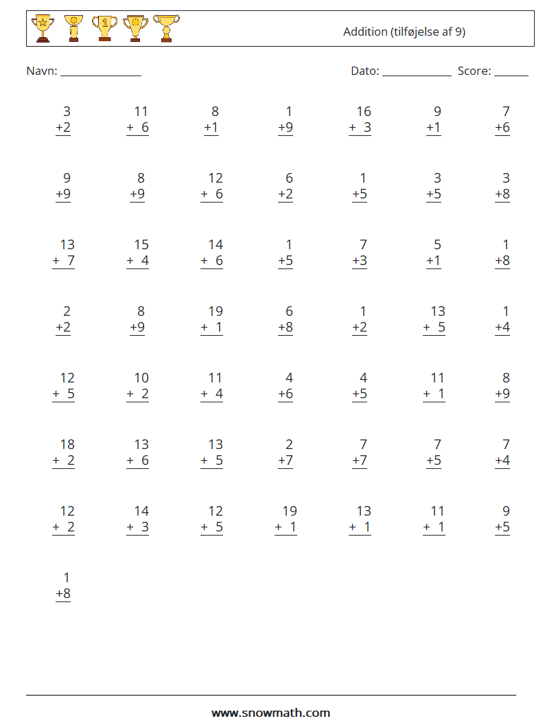 (50) Addition (tilføjelse af 9) Matematiske regneark 12