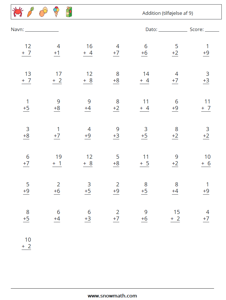 (50) Addition (tilføjelse af 9) Matematiske regneark 14