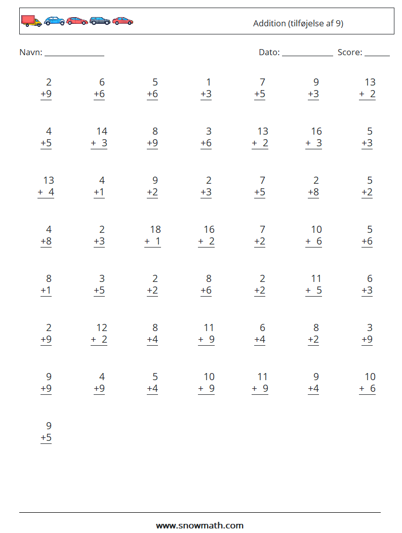 (50) Addition (tilføjelse af 9) Matematiske regneark 17