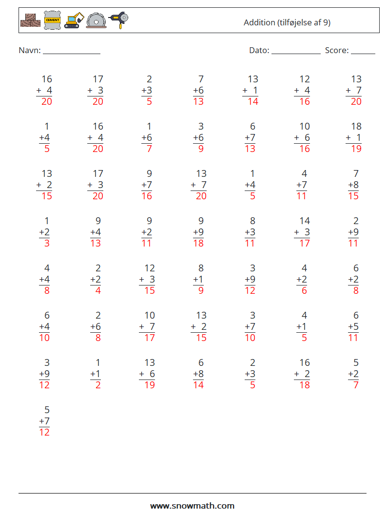 (50) Addition (tilføjelse af 9) Matematiske regneark 1 Spørgsmål, svar