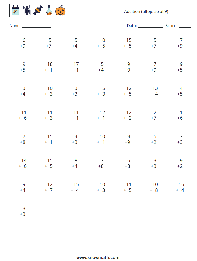 (50) Addition (tilføjelse af 9) Matematiske regneark 2