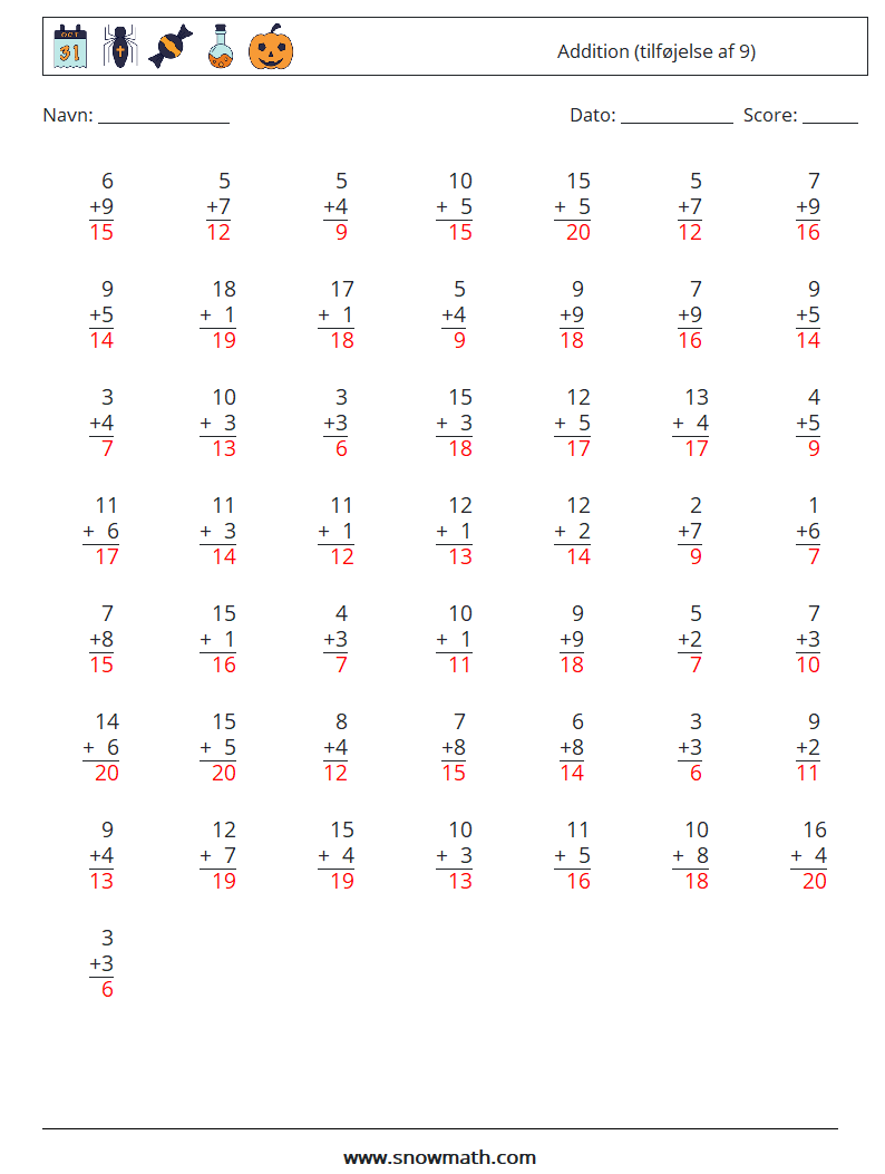 (50) Addition (tilføjelse af 9) Matematiske regneark 2 Spørgsmål, svar