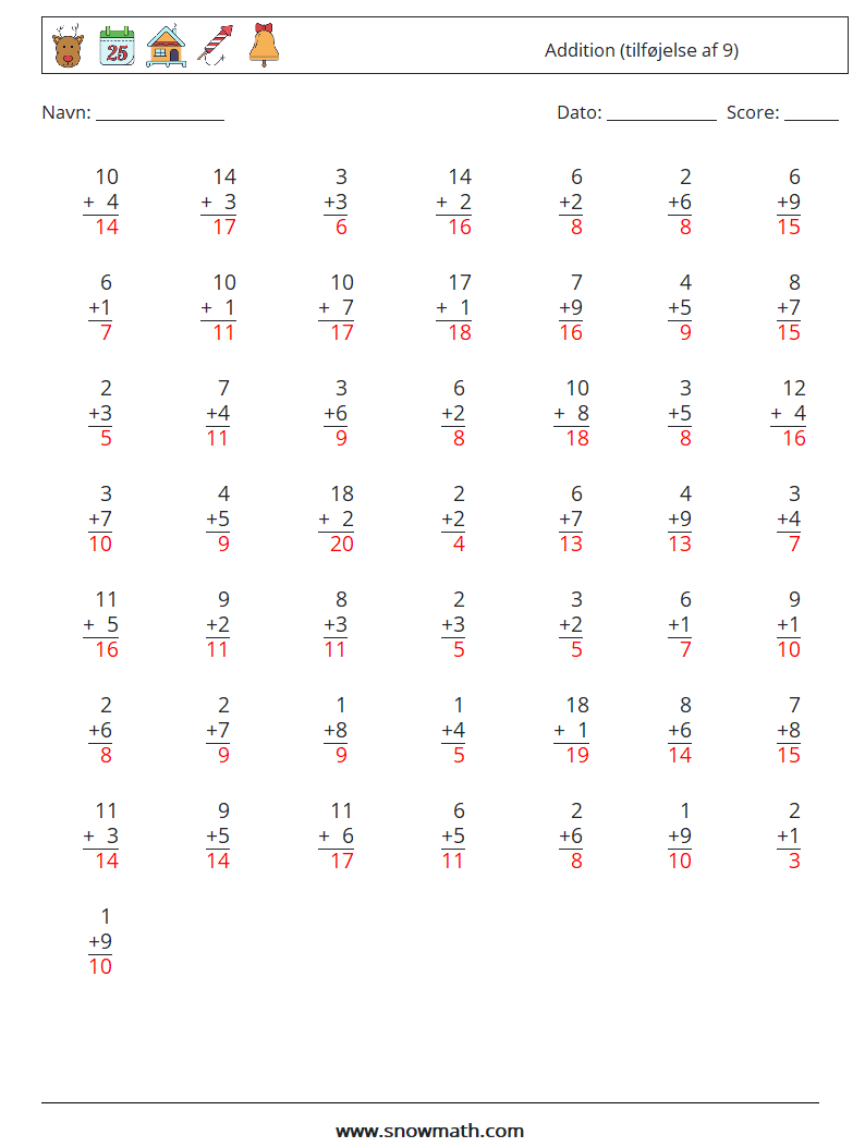 (50) Addition (tilføjelse af 9) Matematiske regneark 3 Spørgsmål, svar