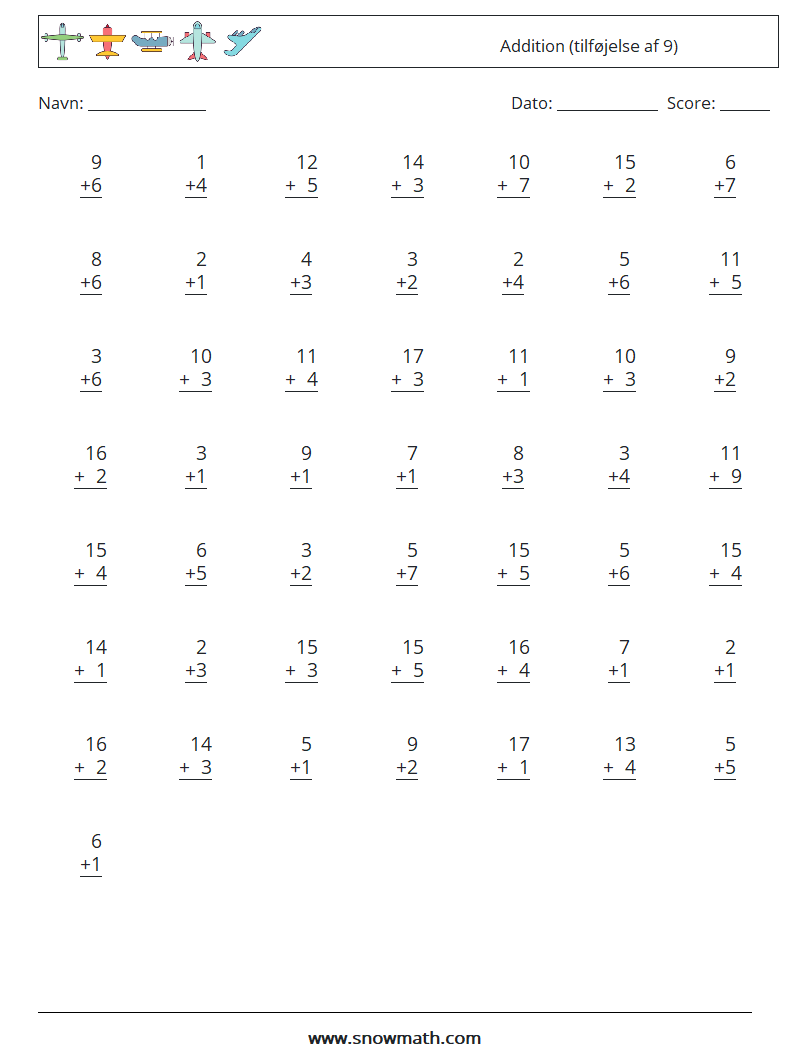 (50) Addition (tilføjelse af 9) Matematiske regneark 4