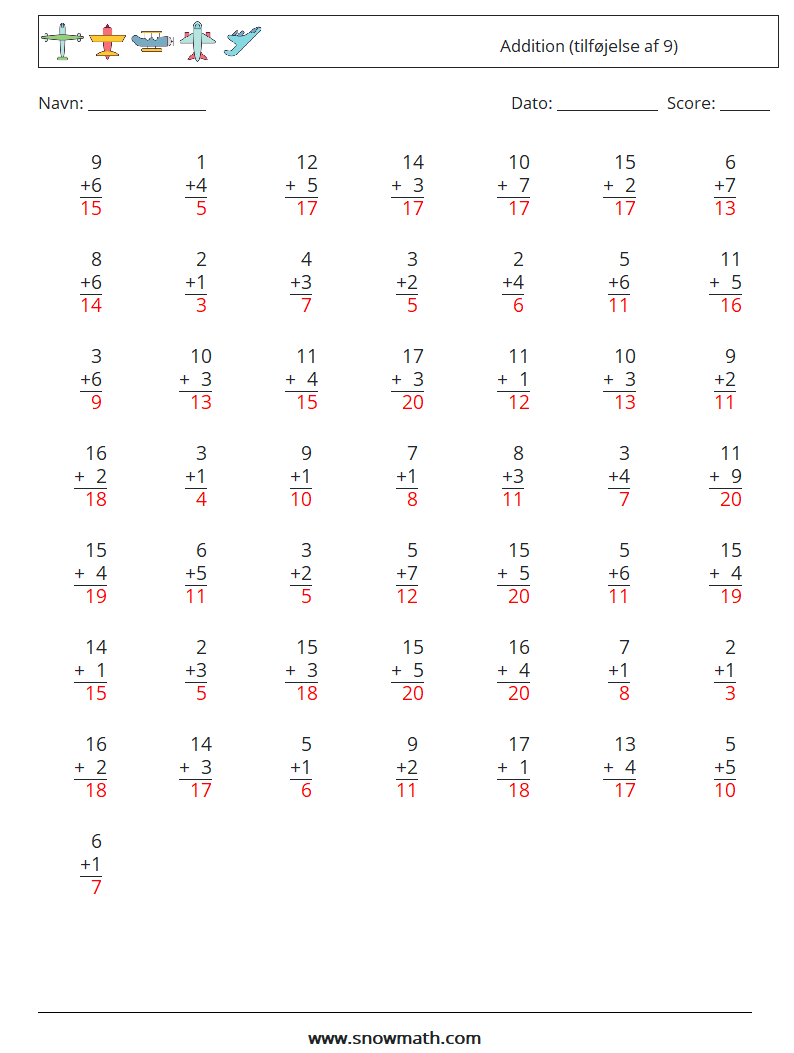 (50) Addition (tilføjelse af 9) Matematiske regneark 4 Spørgsmål, svar