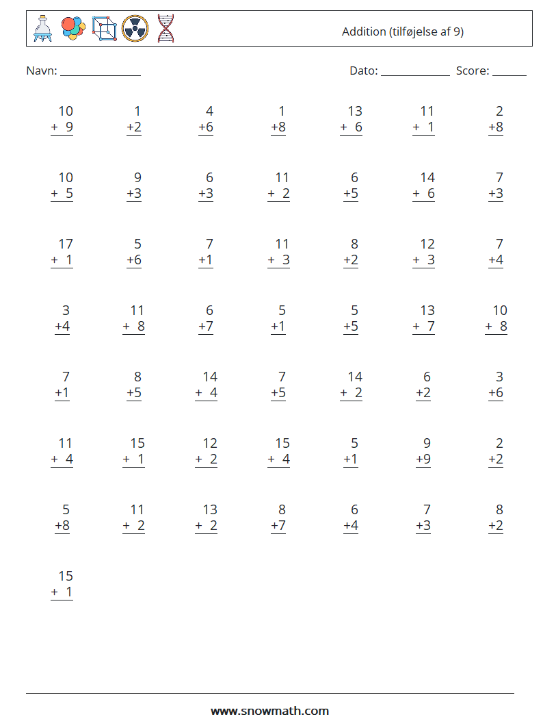 (50) Addition (tilføjelse af 9) Matematiske regneark 6