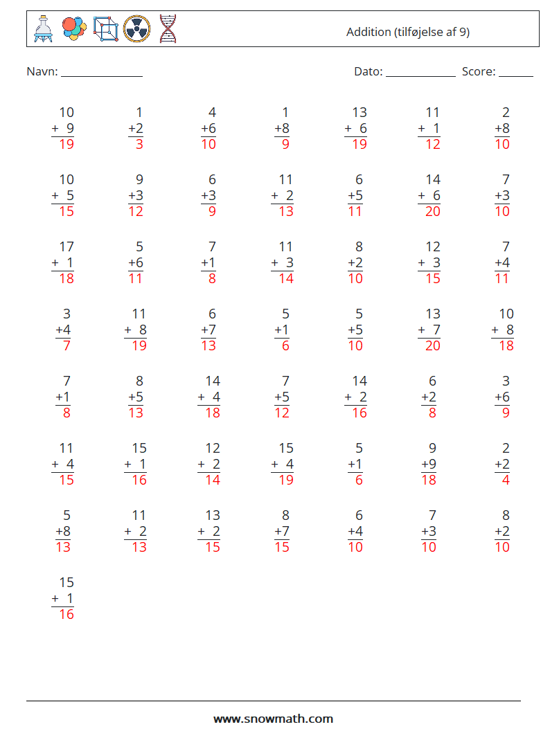 (50) Addition (tilføjelse af 9) Matematiske regneark 6 Spørgsmål, svar