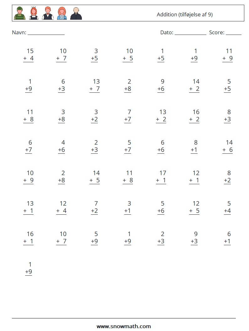 (50) Addition (tilføjelse af 9) Matematiske regneark 7