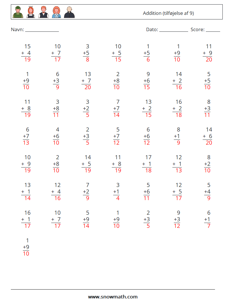 (50) Addition (tilføjelse af 9) Matematiske regneark 7 Spørgsmål, svar