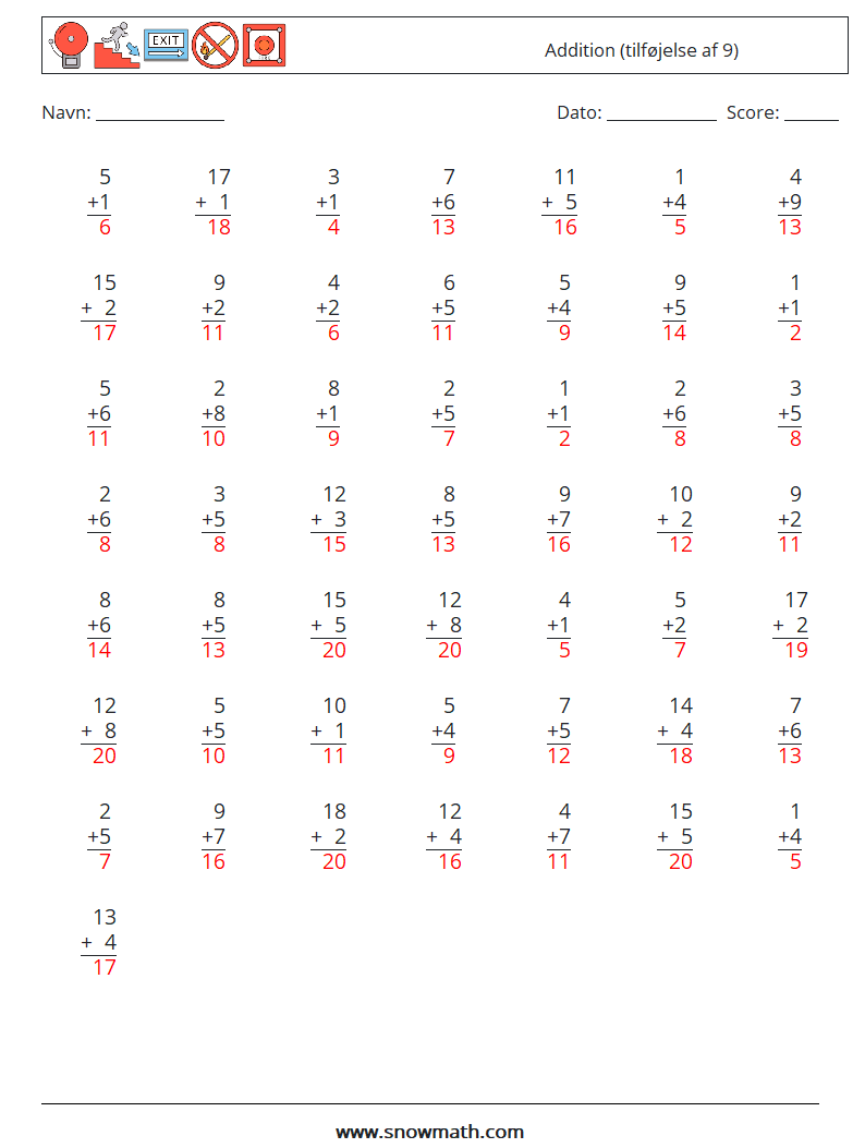 (50) Addition (tilføjelse af 9) Matematiske regneark 8 Spørgsmål, svar