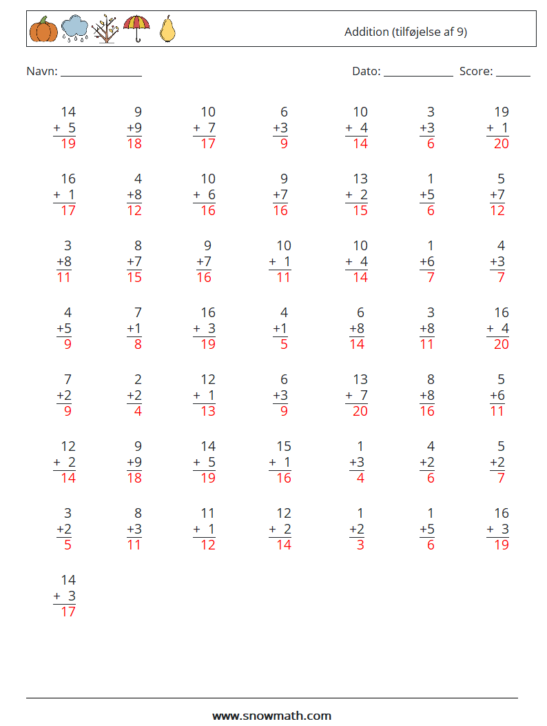 (50) Addition (tilføjelse af 9) Matematiske regneark 9 Spørgsmål, svar