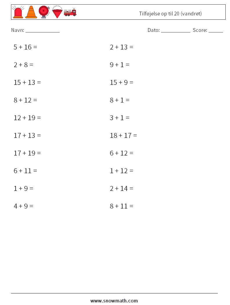 (20) Tilføjelse op til 20 (vandret) Matematiske regneark 1