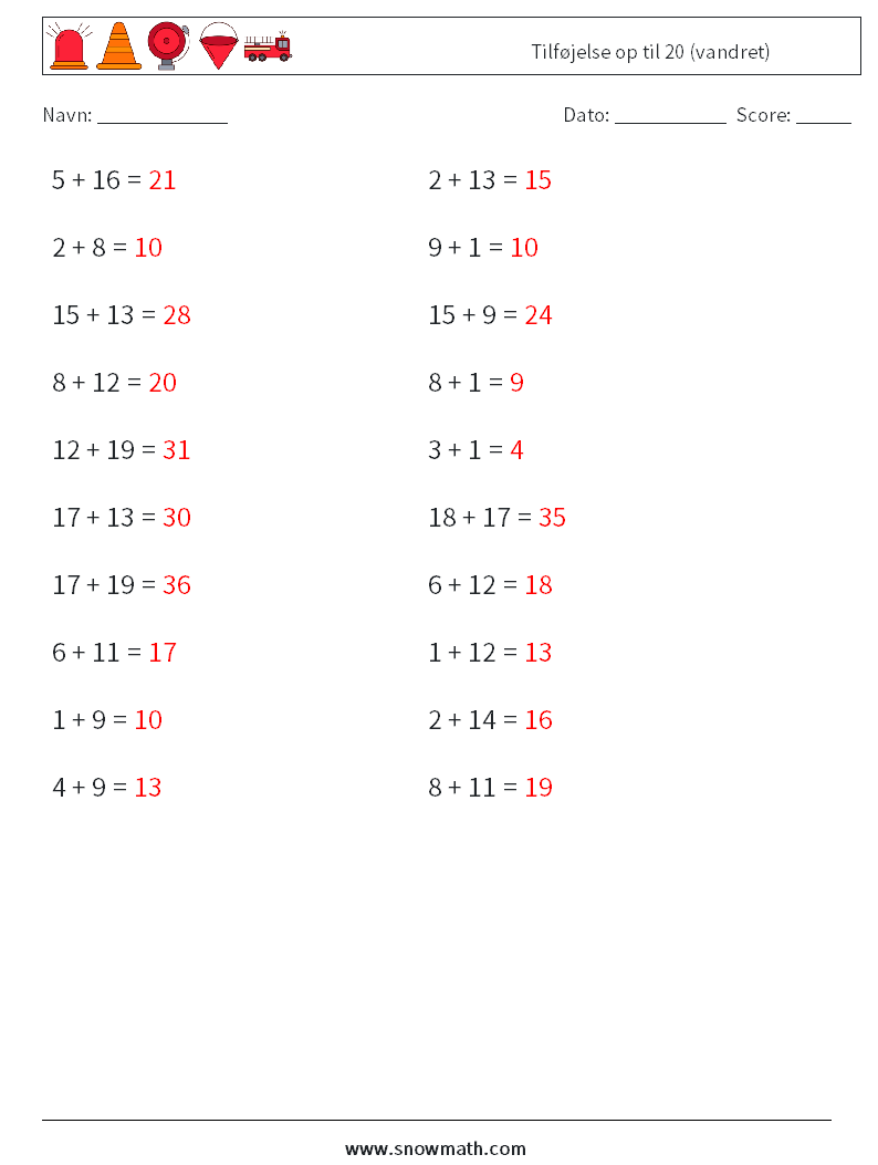 (20) Tilføjelse op til 20 (vandret) Matematiske regneark 1 Spørgsmål, svar