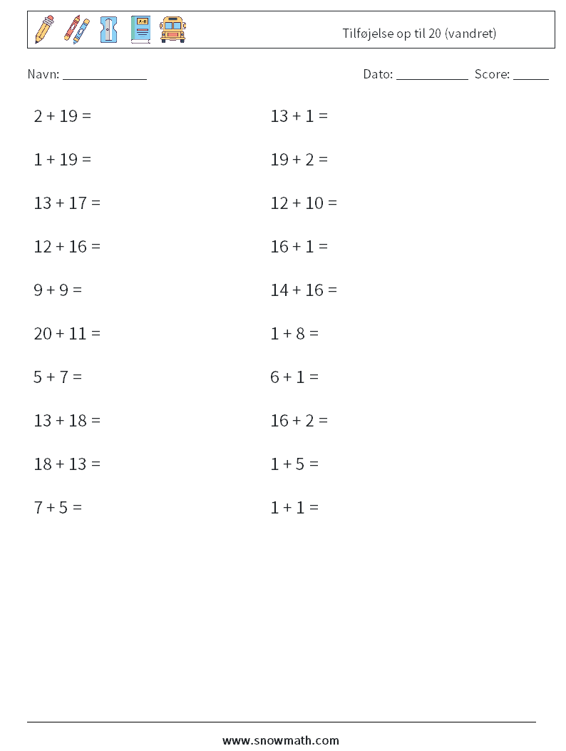 (20) Tilføjelse op til 20 (vandret) Matematiske regneark 2