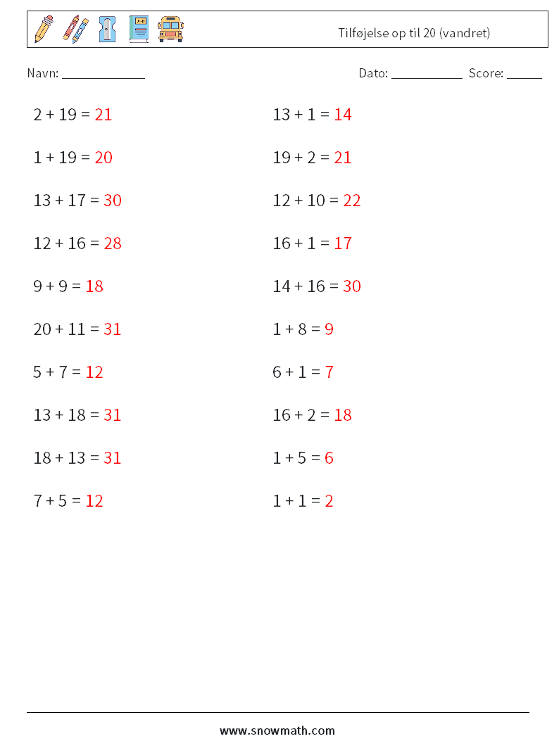 (20) Tilføjelse op til 20 (vandret) Matematiske regneark 2 Spørgsmål, svar