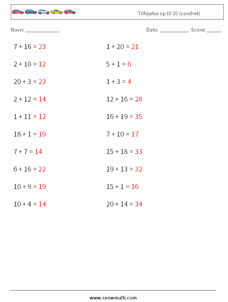 (20) Tilføjelse op til 20 (vandret) Matematiske regneark 3 Spørgsmål, svar