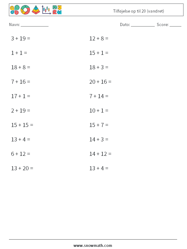 (20) Tilføjelse op til 20 (vandret) Matematiske regneark 4