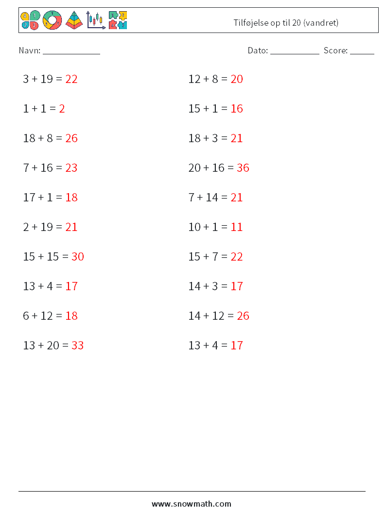 (20) Tilføjelse op til 20 (vandret) Matematiske regneark 4 Spørgsmål, svar