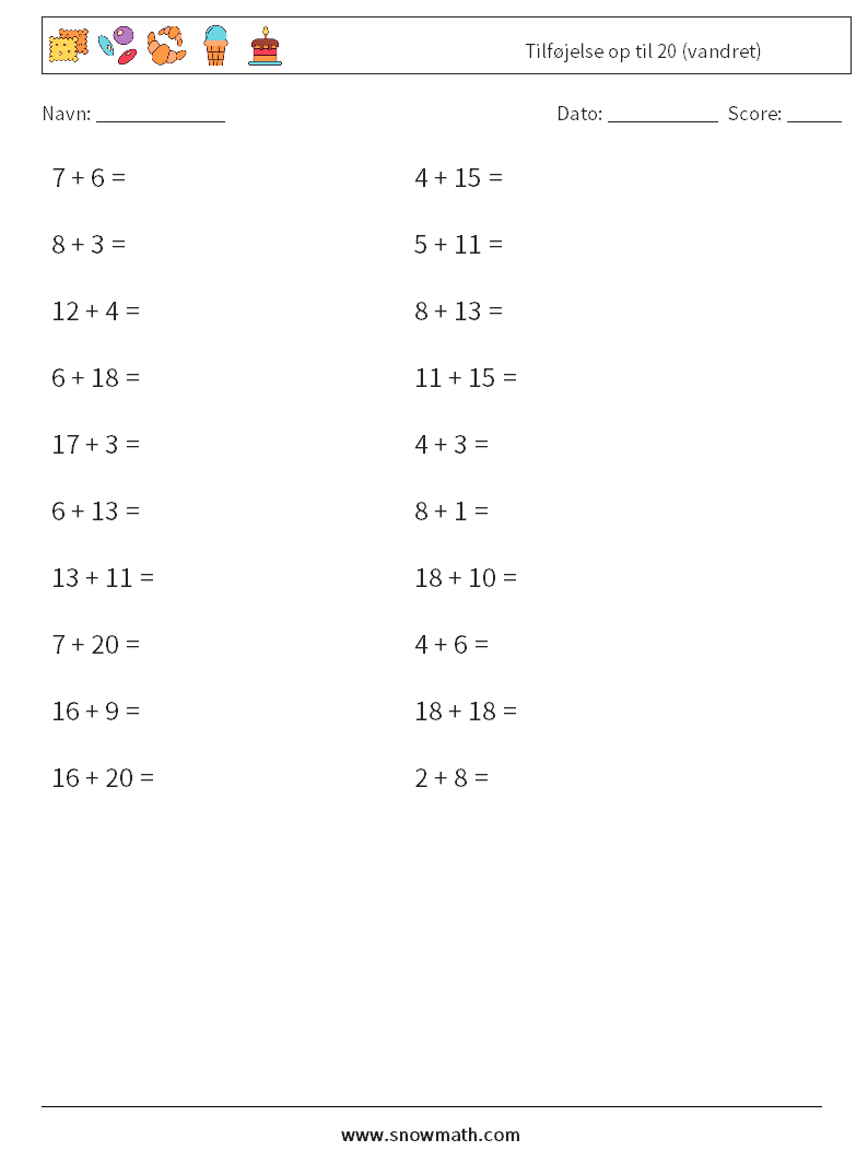 (20) Tilføjelse op til 20 (vandret) Matematiske regneark 5