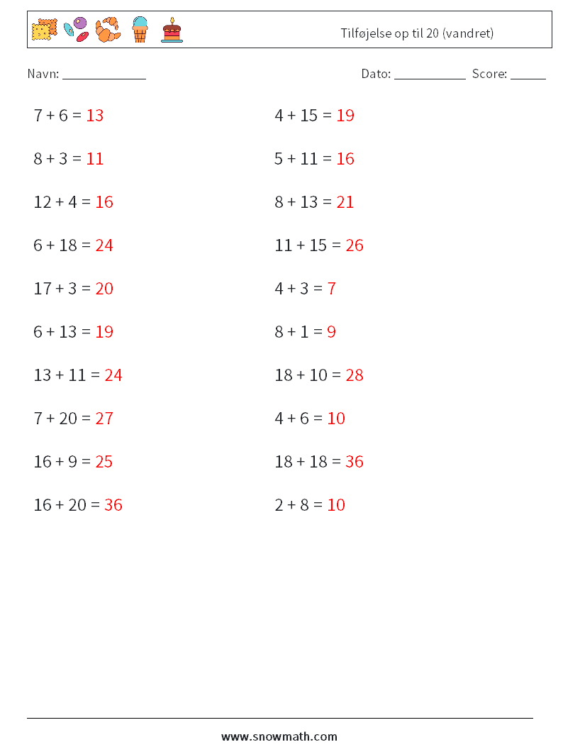 (20) Tilføjelse op til 20 (vandret) Matematiske regneark 5 Spørgsmål, svar