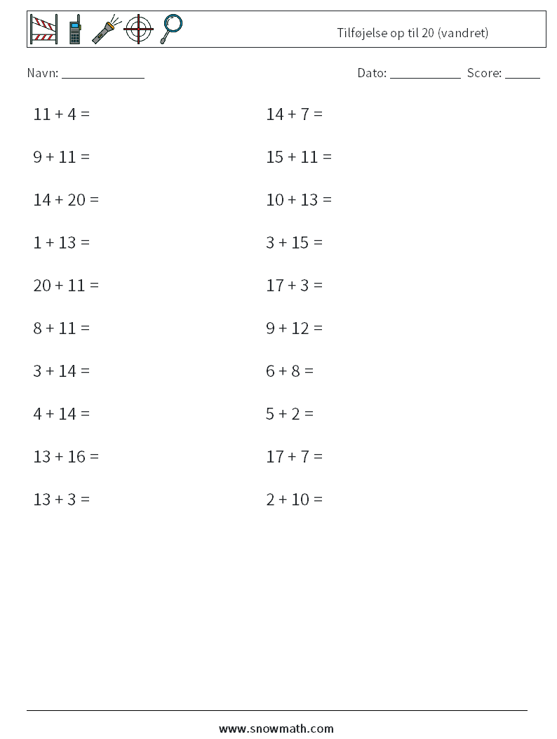 (20) Tilføjelse op til 20 (vandret) Matematiske regneark 6