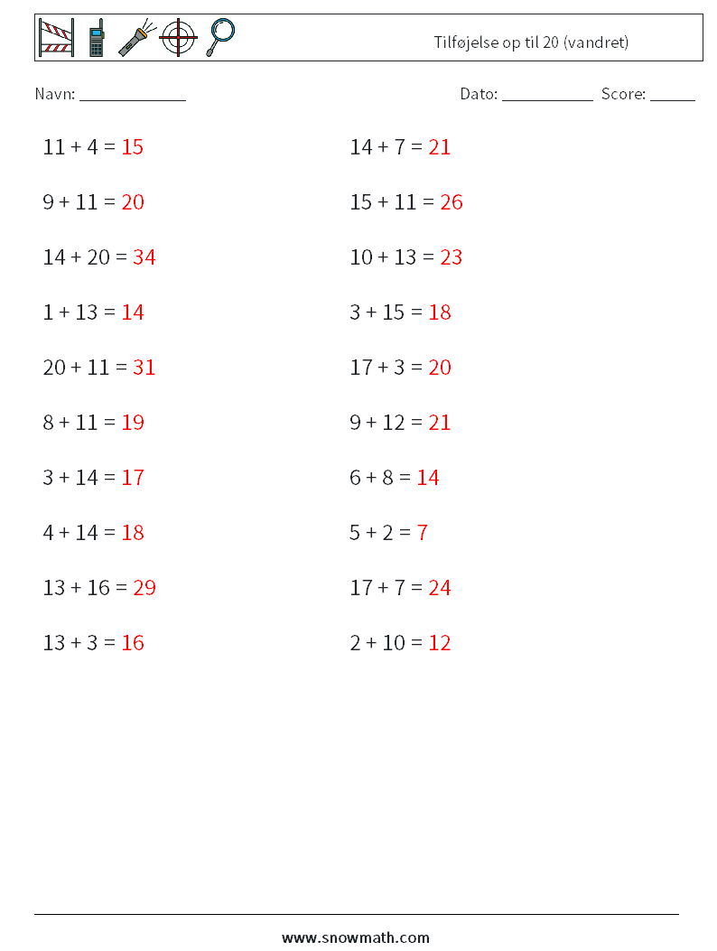 (20) Tilføjelse op til 20 (vandret) Matematiske regneark 6 Spørgsmål, svar