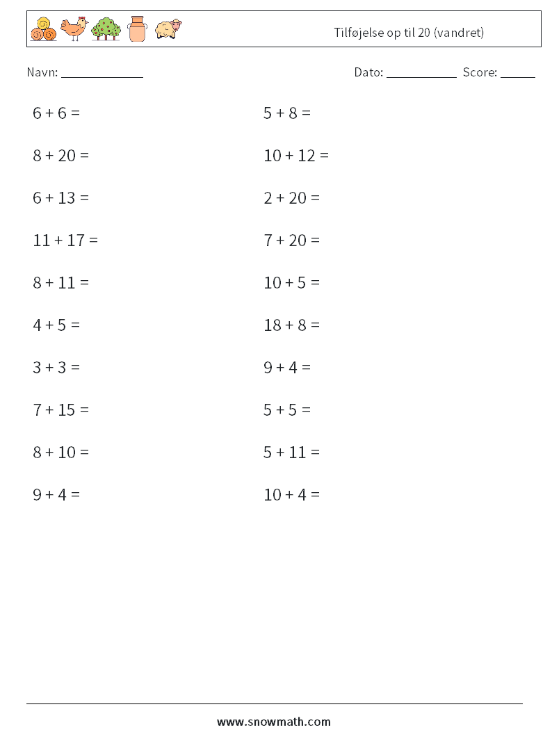(20) Tilføjelse op til 20 (vandret) Matematiske regneark 7