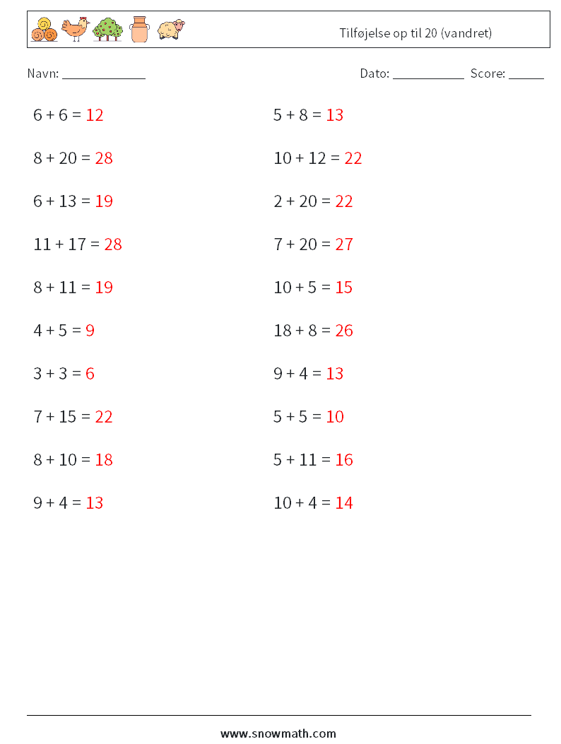 (20) Tilføjelse op til 20 (vandret) Matematiske regneark 7 Spørgsmål, svar