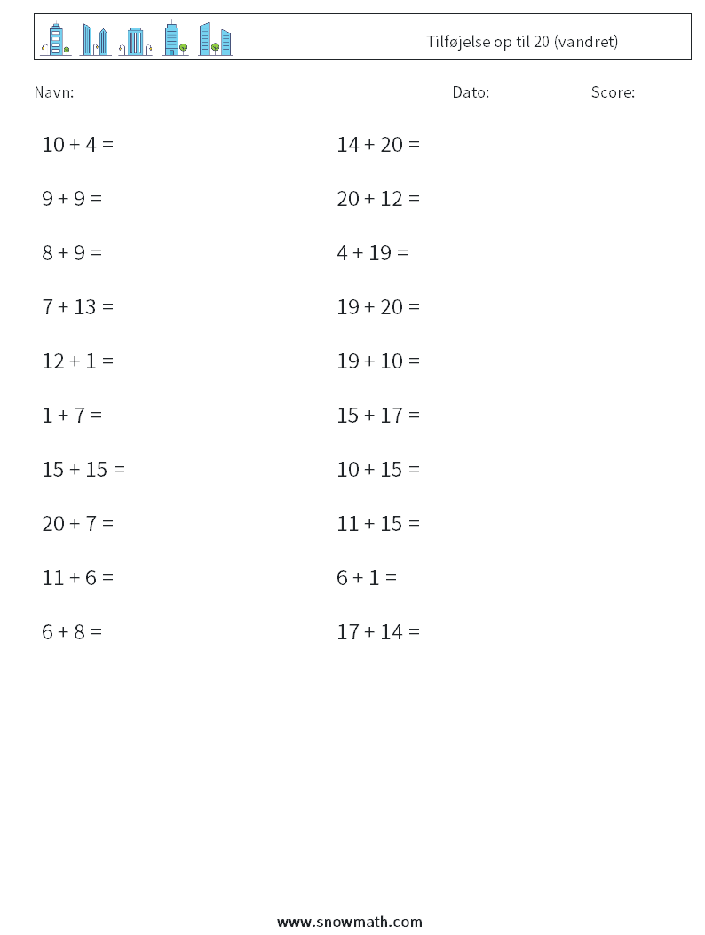 (20) Tilføjelse op til 20 (vandret) Matematiske regneark 8