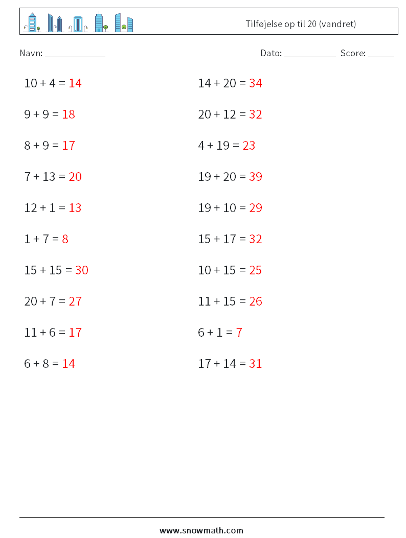 (20) Tilføjelse op til 20 (vandret) Matematiske regneark 8 Spørgsmål, svar