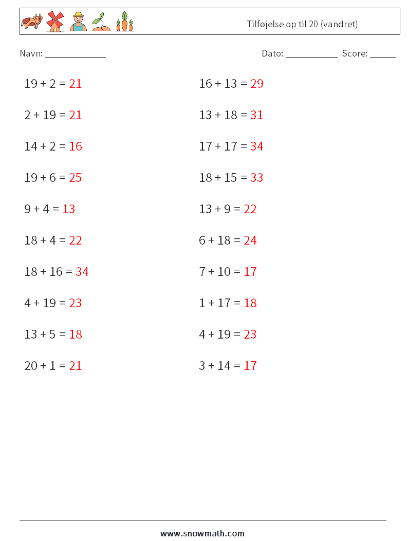 (20) Tilføjelse op til 20 (vandret) Matematiske regneark 9 Spørgsmål, svar