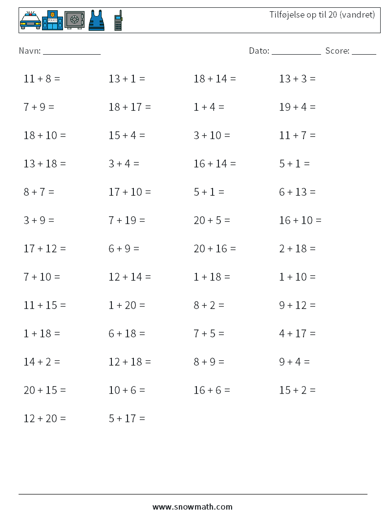 (50) Tilføjelse op til 20 (vandret) Matematiske regneark 1