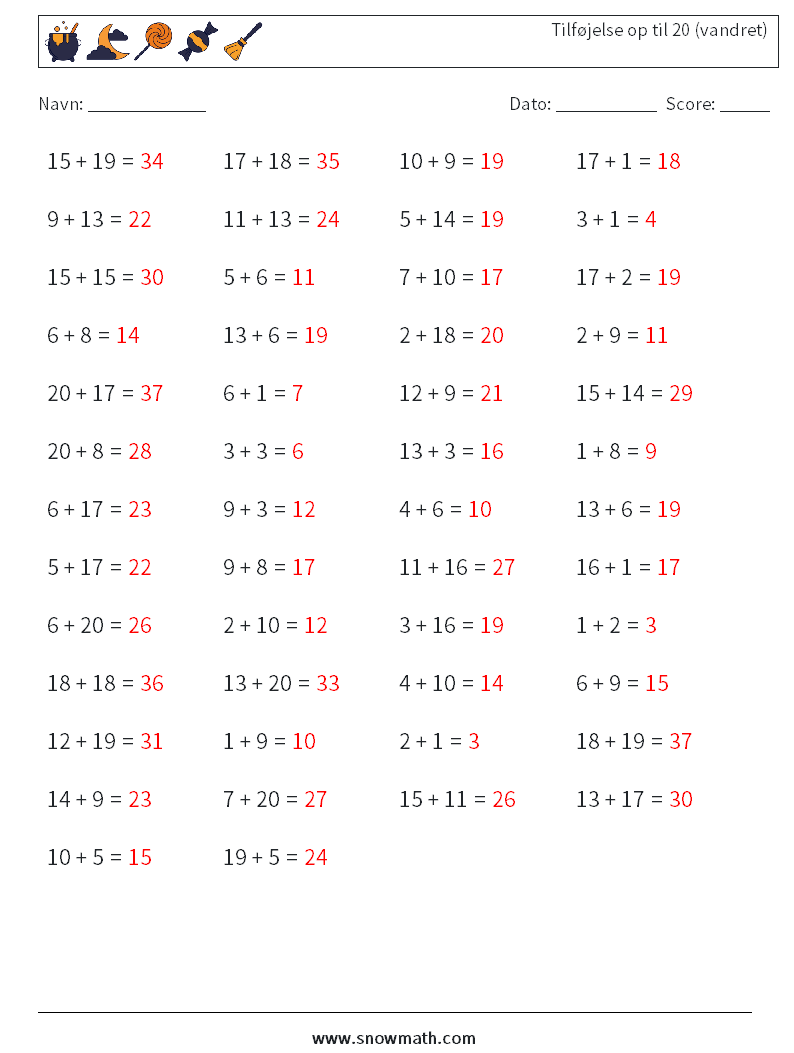 (50) Tilføjelse op til 20 (vandret) Matematiske regneark 2 Spørgsmål, svar
