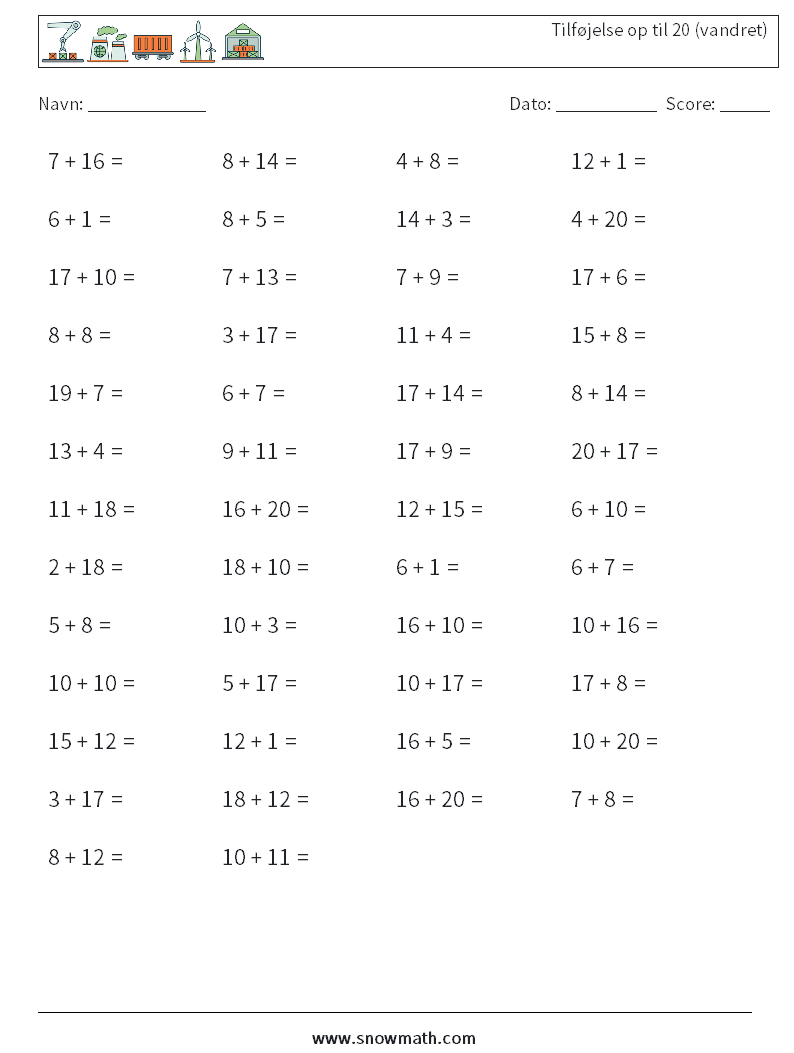 (50) Tilføjelse op til 20 (vandret) Matematiske regneark 3
