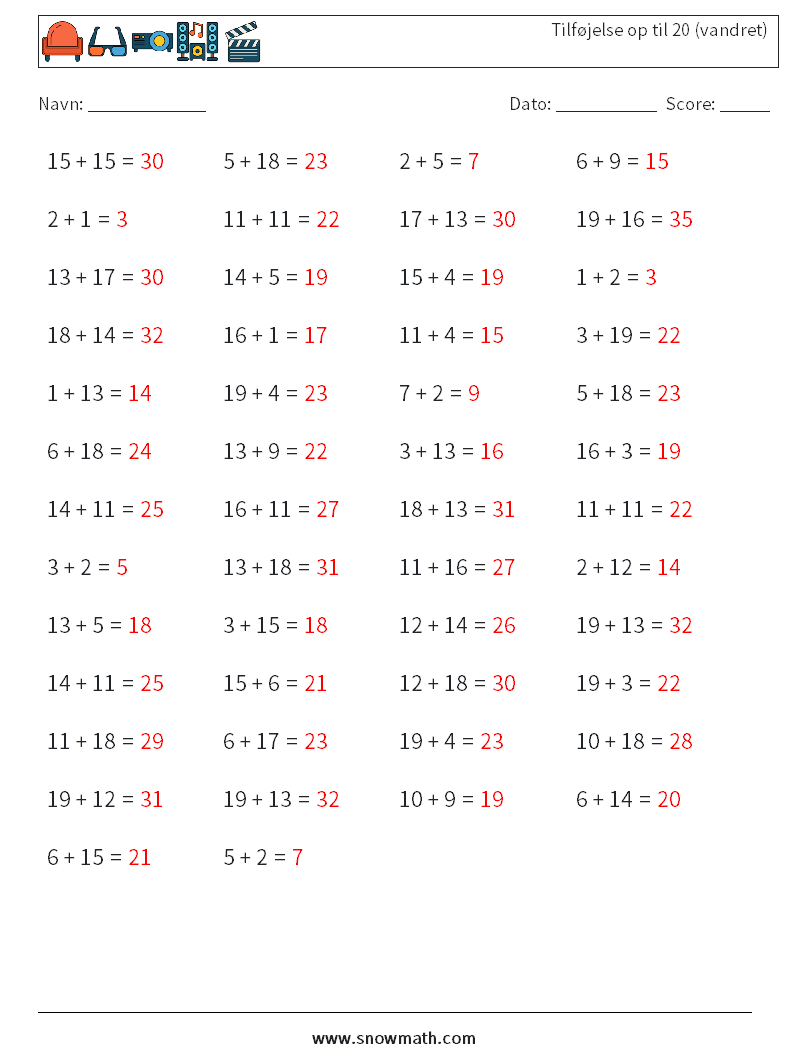 (50) Tilføjelse op til 20 (vandret) Matematiske regneark 5 Spørgsmål, svar