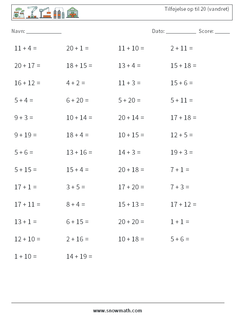 (50) Tilføjelse op til 20 (vandret) Matematiske regneark 6