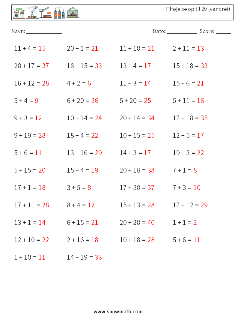 (50) Tilføjelse op til 20 (vandret) Matematiske regneark 6 Spørgsmål, svar